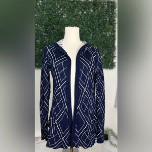 Belldini Cardigan Size S Hood Open Front Cardigan Blue White Geometric Nordic